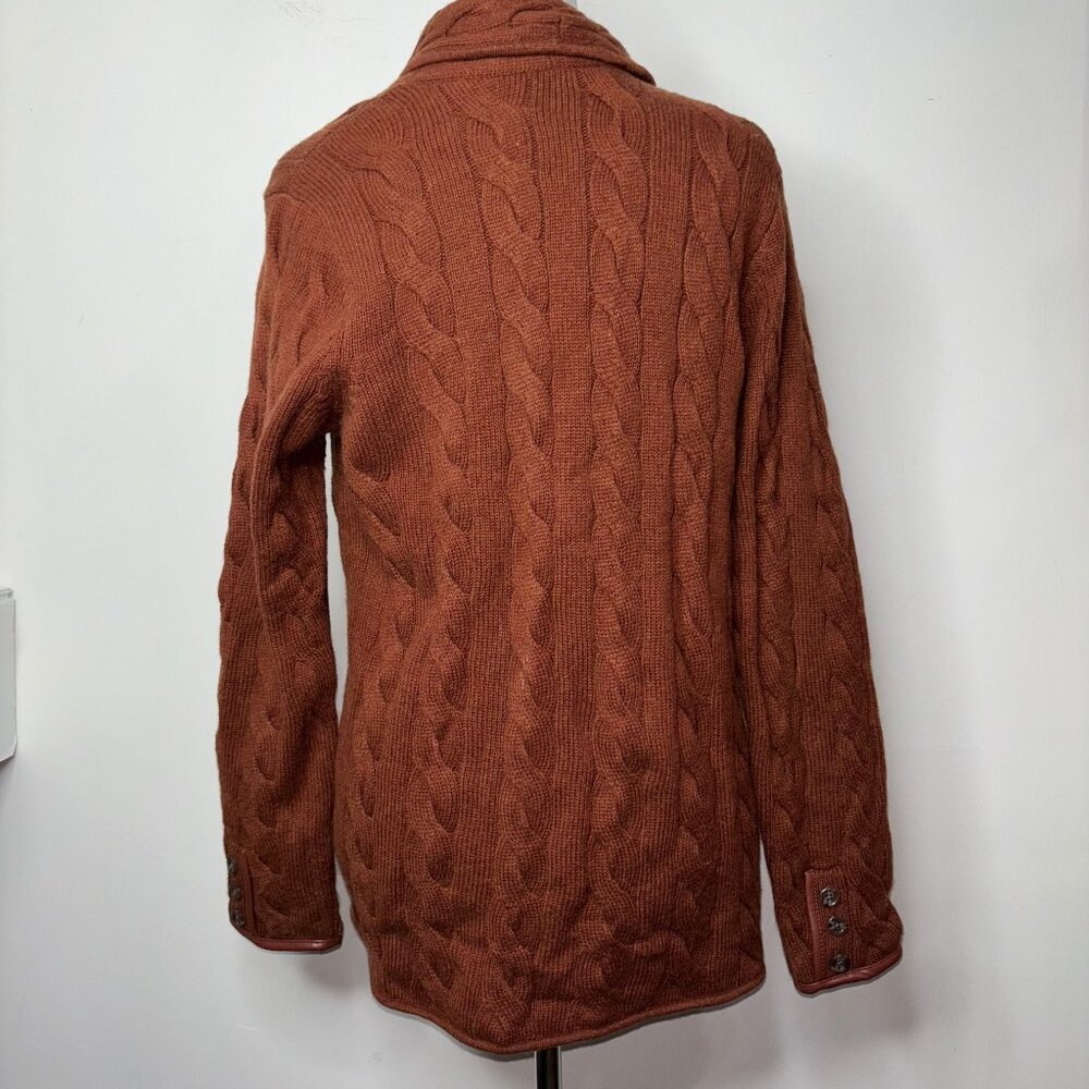 Talbots Wool Blend Cable Knit Cardigan Sweater M Brown Faux Leather Trim - Picture 2 of 14